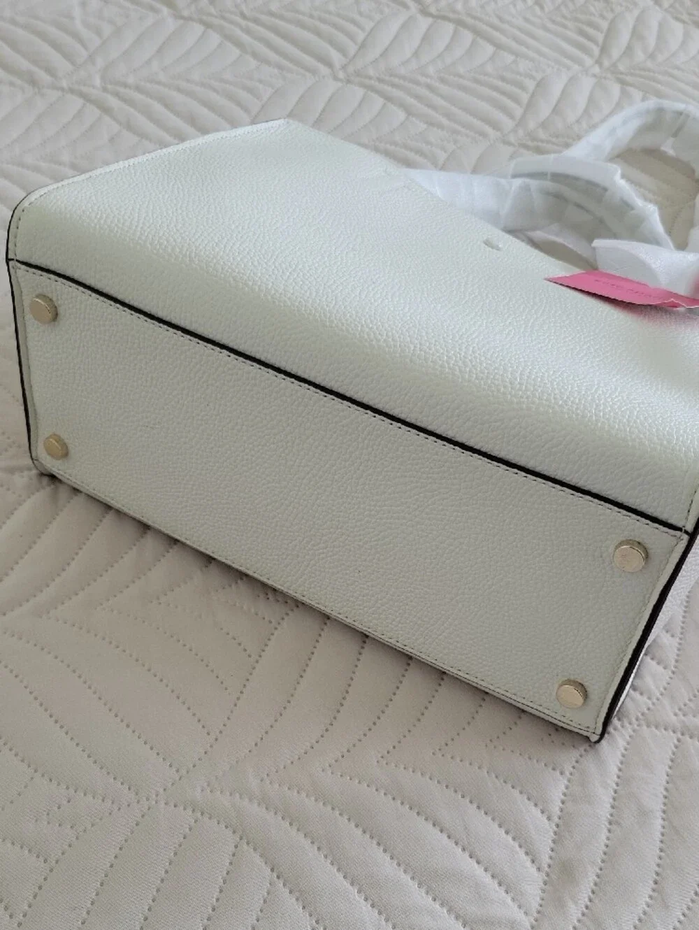 kate spade White Pebbled Leather Satchel with Pink Logo Plaque
